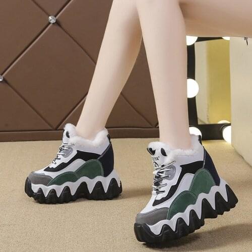 New 2019 Winter Women Ankle Boots 11CM Heels High Top Wedge Boots Warm Fur Platform Leather Sneakers Cotton Snow Boots For Woman