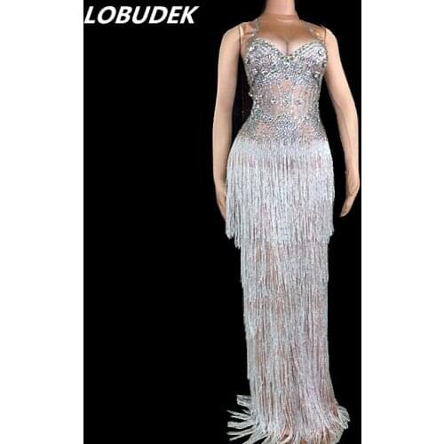 Full Rhinestones Tassel Long Dress Women Birthday Celebration Sleeveless Crystals Fringe Dress Evening Prom Catwalk Stage Dress