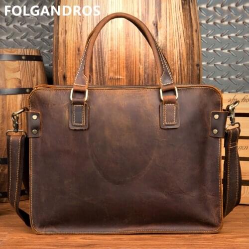 Vintage Genuine Leather Men Briefcases Brand Crazy Horse Leather Handmade Business File Document Laptop Bag Large Capacity Pack