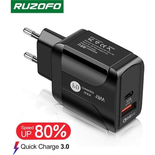 Ruzofo EU/US Plug PD USB Charger 18W 3A Quik Charge 3.0 Mobile Phone Charger For iPhone 12 Samsung Xiaomi Fast Wall Chargers