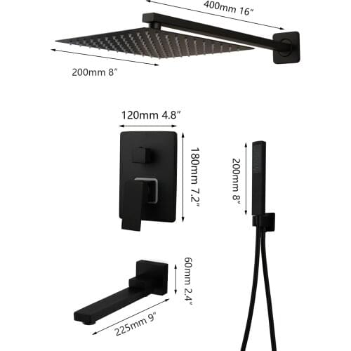 Matte Black 8" Bathroom Rain Mixer Shower Faucet Set Handheld Head Tap Units