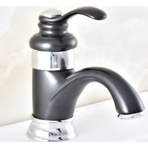 Basin Faucets Black & Chrome Brass Bathroom Sink Faucet Deck Mounted Hot and Cold Water Single Hole Mixer Taps Nnf305