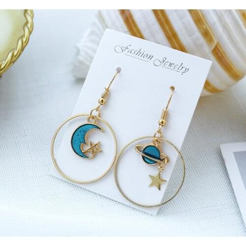 14 styles LEADERBEADS 2019 Korean Asymmetrical Blue Sea Moon Universe Long Dangle Earrings Womens Pink Star Brincos Jewelry