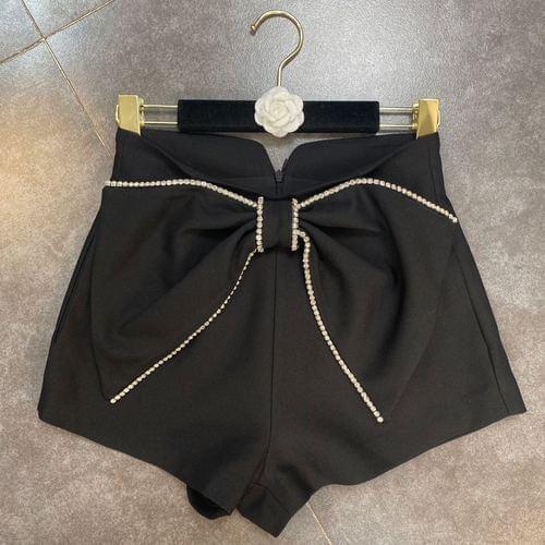 Three-Dimensional Big Bow Diamond Edge Shorts Woman 2021 Summer High Waist Black Short Trousers Casual All-Match