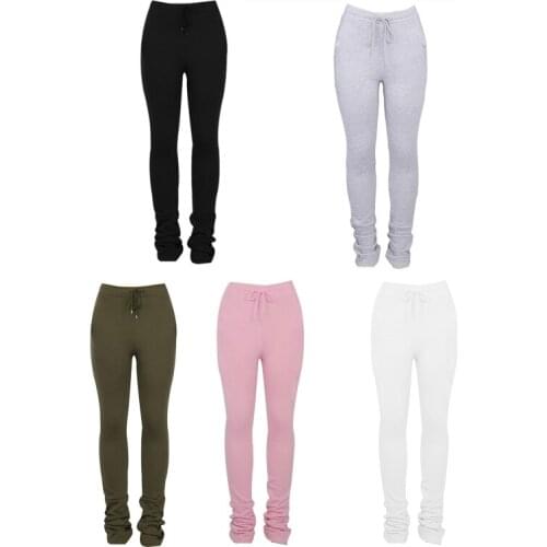 Women High Waist Drawstring Stacked Sweatpants Solid Color Bottom Flare Pants