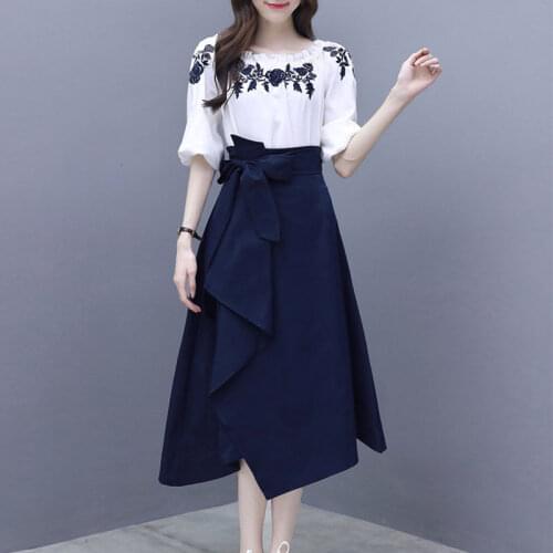 Women printing T Shirt+Irregular ChiffonSkirts Suits Bowknot Solid Tops Vintage Floral Skirt Sets Elegant Woman Two Piece Set