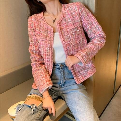 2021 Spring New Tweed Slim High quality Pink Jacket Women French Temperament Fashion Jacket Small Fragrant Wind Jacket Women