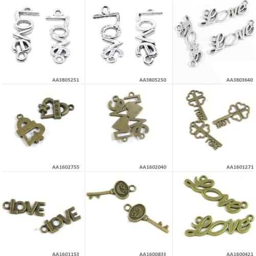 Antique Bronze Silver Plated Jewelry Making Charms Love Connector Skeleton Key Clover Cabochon Setting Heart Tag Signs Beading
