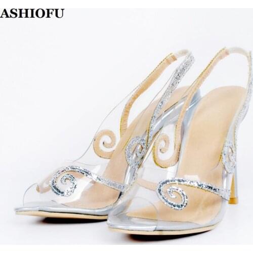ASHIOFU Handmade Womens High Heel Pumps PVC Leather Party Prom Dress Shoes Slingback Evening Sexy Fashion Court Shoes XD104