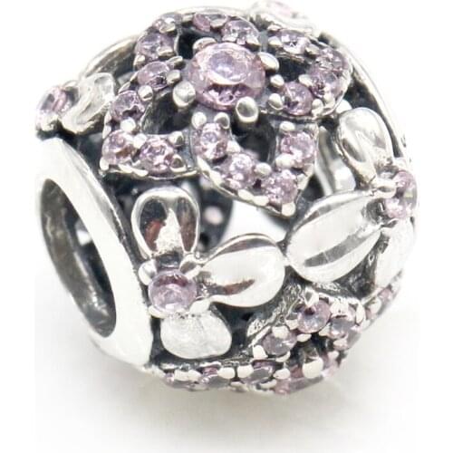 925 Sterling Silver Flower Pink CZ Charms fit Original Pandora Charm Bracelet Bangle Women Beads Jewelry Making