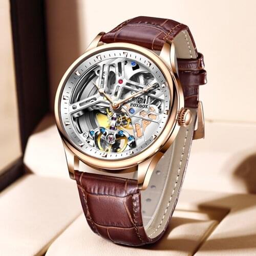 FOXBOX Sapphire Glass Watches Top Brand Luxury Automatic Mechanical Watch Men 100M Waterproof Sport Leather Hollow Men Watch+Box