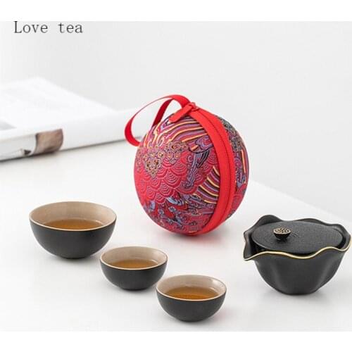 Black Pottery Red Pottery One Pot Three Cups Tea Sets Portable Travel Home Office Cups Ceramic Tea Coffee Container With Bag