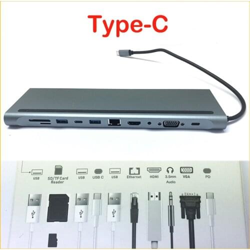 11 in 1 Type-C Docking Station Aluminum Alloy Shell HDMI VGA PD 11in1-1 Splitter Multi-function Hub Laptop Docking Station