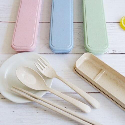 3pcs/set Travel Cutlery Portable Cutlery Box Wheat Straw Chopstick Fork Spoon Student Dinnerware Sets Kitchen Tableware Cocina