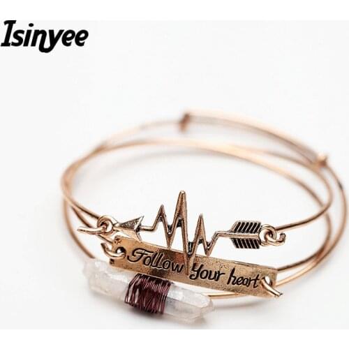 ISINYEE Fashion Natural Stone Charm Bangle Letter Open Bracelets Manchette For Women Gold Silver Inspirational Jewelry 3PCS/SET