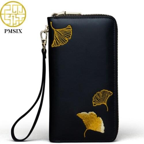 Pmsix 2020 Embroidery Leather Cattle Leather Women Wallet Designer Fashionable Clutch Bag Card Holder Purses Mobile Phone Bag
