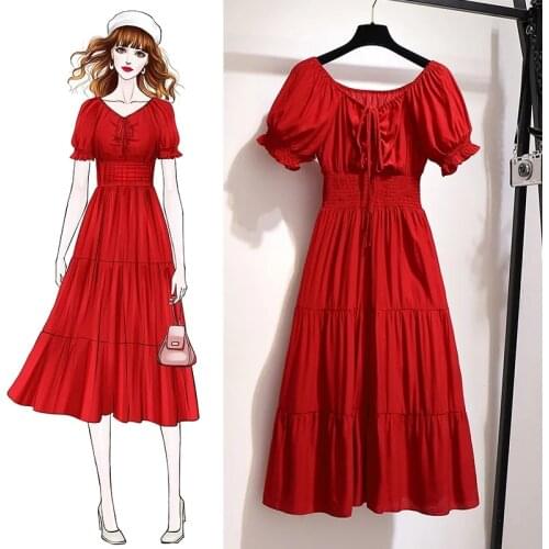 Red chiffon dress female plus size 2021 summer new style fashion stretch high waist elegant temperament mid-length dress