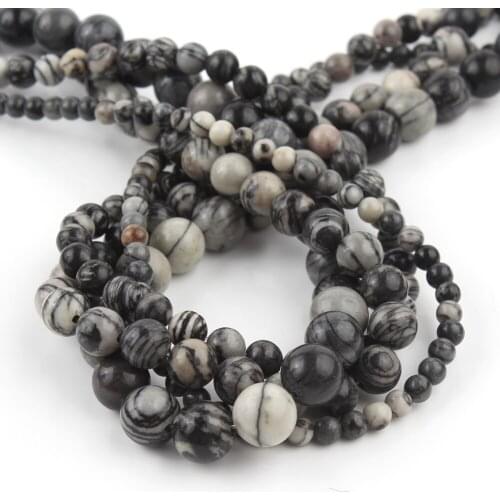 Natural Stones Black Web Jaspers Loose Spacer Round Beads for Jewelry Making DIY Bracelet Accessories 15'' Strands 4/6/8/10/12mm