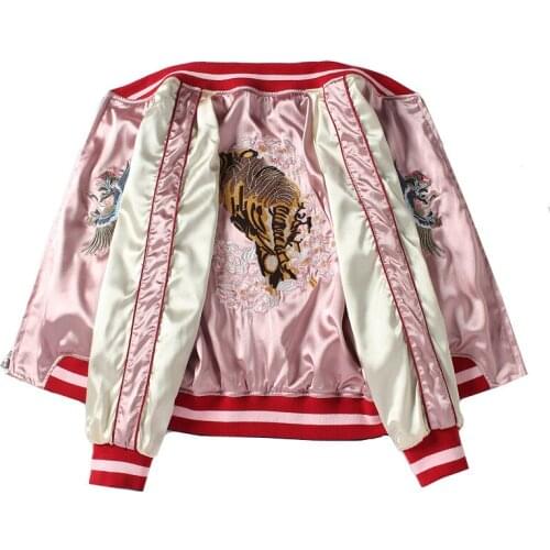 Pink tiger Embroidery Bomber Jacket women Harajuku Mount Fuji Double-sided stand collar casual jackets