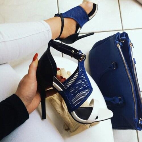 Fashion Blue Mesh Patchwork Sandals High Heels Summer Ladies Peep Toe Thin Heels Shoes Woman Gladiator Party Dress Shoes