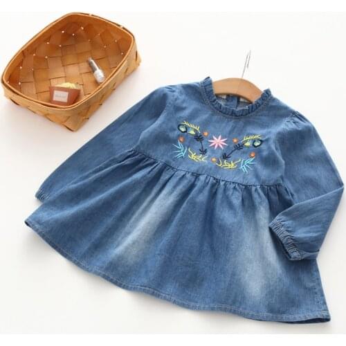 Girls Flower-embroidery Soft Denim Dress Baby Cotton Denim Dresses Girls Long-sleeve Dresses Kids Dress-style blouses
