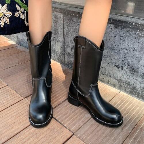 2021 New Winter Women Genuine Cow Leather Mid-Calf Riding Equestrian Boots Round Toe Lady Shoes Handmade