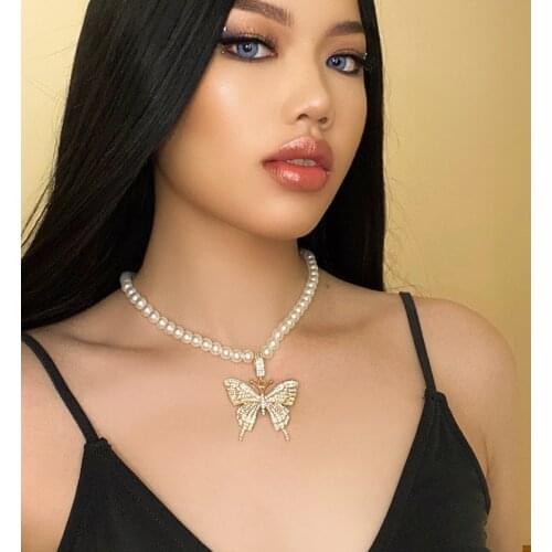 Punk Sweet Big Crystal Butterfly Pearl Choker Chain Necklace For Women Girls Pendant Fashion Jewelry Gifts Whosale
