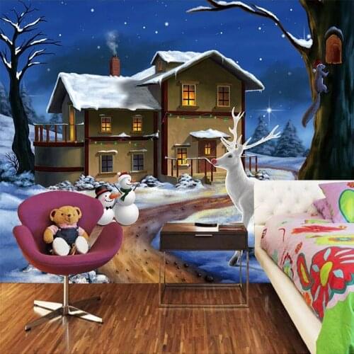 Dropship Custom 3D Photo Wallpaper for Kids Room Cartoon Snowman Elk Decoration Wall Painting Kids Wallpaper Modern Home Decor