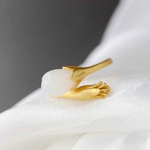 Real 925 Sterling Silver Rings Inlaid Natural White Jade 18K Gold Plated Petal Fashion Women Opening Adjustable Ring