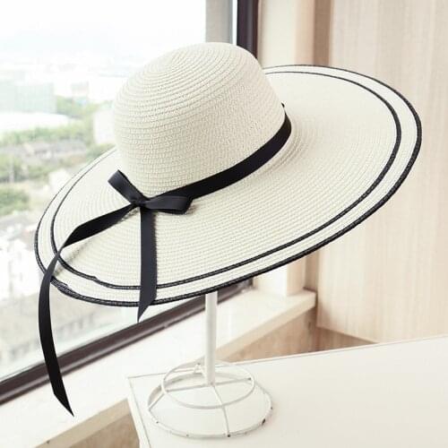 Womens Summer Oversized Brim Sun Hat Fashion Sweet Seaside Beach Hat Foldable Outing Sunshade Sunscreen Straw Hat Wholesale
