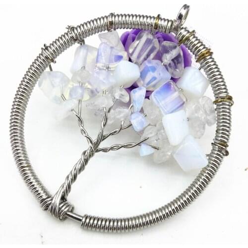 Vintage exquisite handmade tree silver-color pendant 52mm opal irregular gravel wire windings plated women elegant jewelry B3053