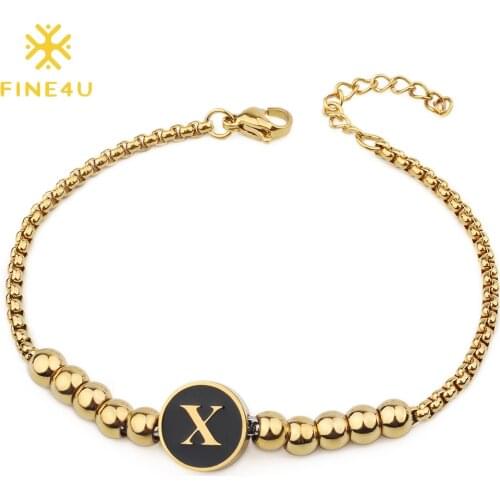 FINE4U B288 Stainless Steel A-Z Initial Letter Charm Bracelet For Women Alphabet Jewelry Brithday Gift
