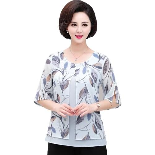 Fake Two Pieces Half Sleeve Chiffon Tshirt Tops Women Pullover 2020 Summer New Middle Age Mother Clothing O-neck Bottoming Shirt