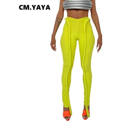 CM.YAYA Women Pants Solid Mid Waist Stretchy Skinny Bodycon Pencil Pants Sexy Fashion High Streetwear Summer Trousers 2021