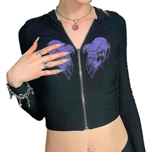 Women Goth Punk Long Sleeve Hooded Jacket Harajuku Angel Wing Print Zip Up Black Cardigan T-Shirt Aesthetic Slim Fit Short