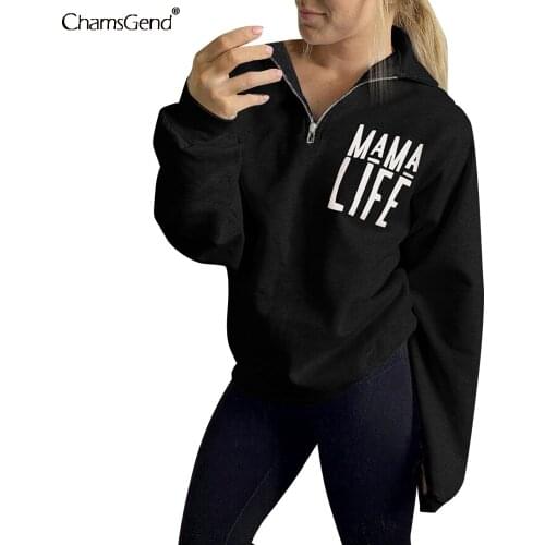 MA Letter Print Zipper Sweatshirt Women Turn Down Collar Long Sleeve Black White Gray Shirt Tops Mothers Day Thansgiving Day