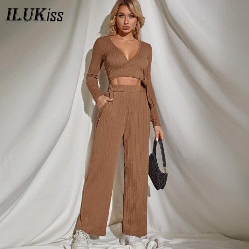 Autumn Two Piece Set Women Long Sleeve Crop Top Jumpsuits Pants Sets Fall 2021 Womens Fashion Casual Knitted Sport Pant Outfits