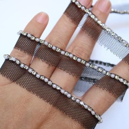 2yards Rhinestone beaded lace trims for clothes Sewing White lace trimming ribbon for DIY clothes accessories