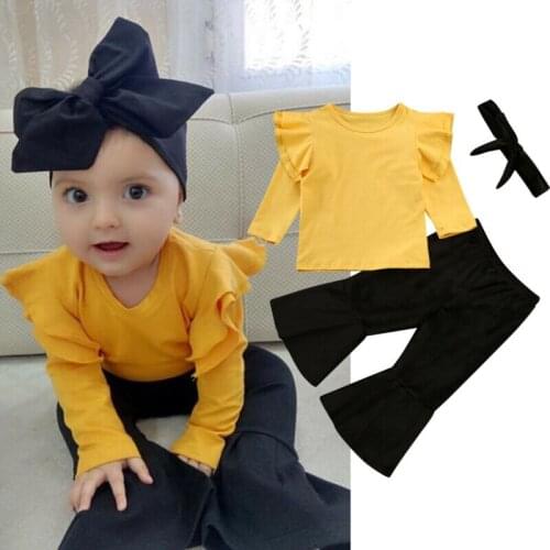 3pcs Newborn Baby Girl Clothes Long Sleeve Solid Ruffle T shirt Tops +Flare Pants +Headband Autumn Casual Outfit 0-24M
