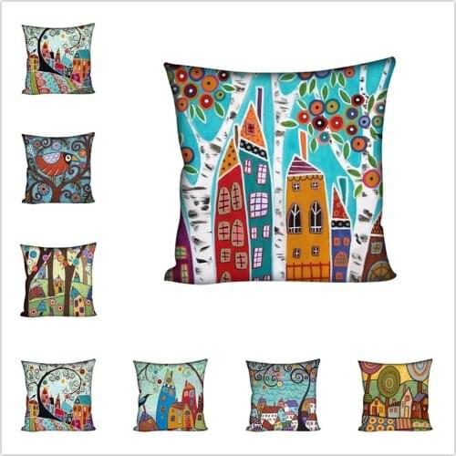 45*45cm Cartoon Painting House Print Cushion Cover Polyester Throw Pillow Car Sofa Home Decoration Decorative Pillowcase
