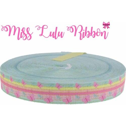5/8"16mm Rainbow Stripes Butterfly Patterns Printed Fold Over Elastic Ribbon Handmade Hair Band MD180105-75-13164
