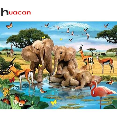 Huacan 5d Diamond Painting Elephant Animals Home Decor Diamond Embroidery Mosaic Natural Lake Home Decor Wall Stickers