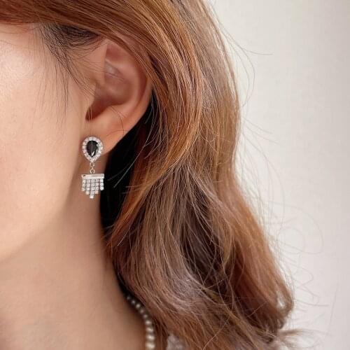 Amaiyllis 925 Sterling Silver Earrings Stud Water Drop Black Zircon Earrings Ear Buckles For Female Jewelry