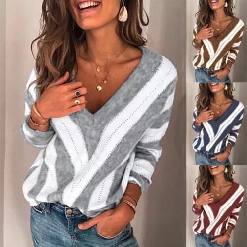 2019 Basic Deep V Striped Solid Autumn Winter Sweater Pullover Women Female Knitted Sweater Long Sleeve Badycon Sweater Pullover