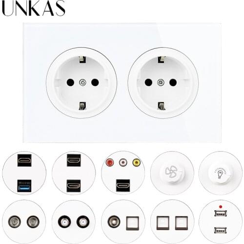UNKAS Dual EU White Glass Panel Socket + HDMI-Compatible Port USB TV RJ11 Telephone RJ45 Computer Dimmer Fan Regulator Switch