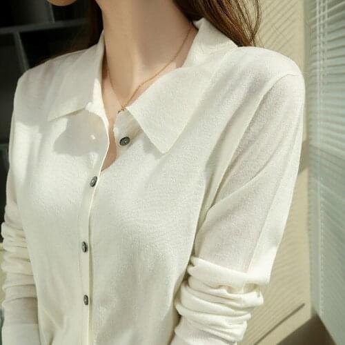 Hot Sale Women 100% Worsted Cashmere Female Elasticity Thin Knitted Cardigans New Turn-down Collar Women Tops Spring Autumn