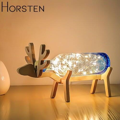 Nordic Creative Wood Deer Lamp LED Strip Lights Blue Glass Bottle Night Lights Art Deco USB Lighting Chirstmas Birthday Gift