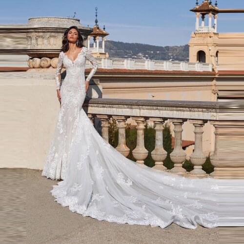 Bridal Lace Appliques Mermaid Wedding Dress With Long Train Charm Backless V-neck Full Sleeves Wedding Gowns Custom Made Zipper