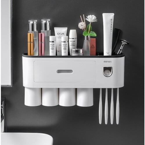 Magnetic Adsorption Inverted Toothbrush Holder Bathroom Accessories Set Multifunction Automatic Toothpaste Dispenser Squeezer