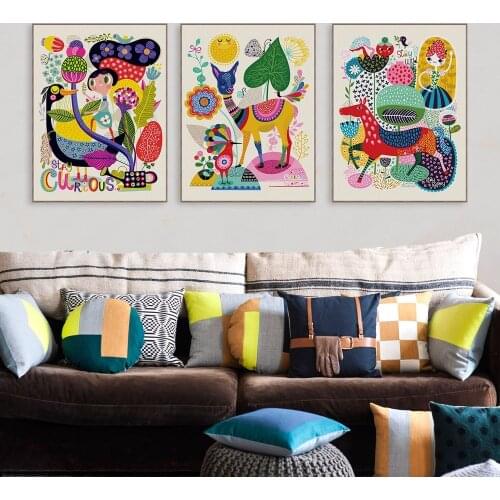 Small Fresh and Cute Animal Canvas Painting Alpaca Horse Sheep Cartoon Poster Sofa Background Wall Picture Childrens Room Decor